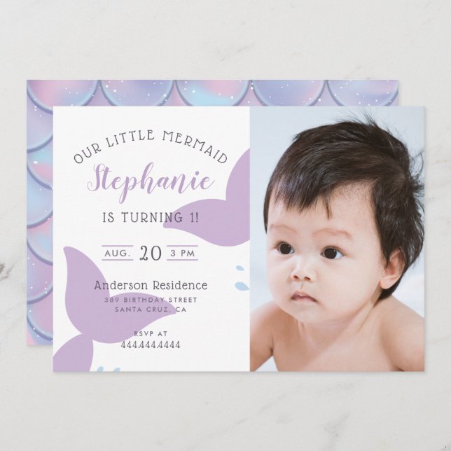 Sob o Convite de aniversário de sereia (Frente/Verso)