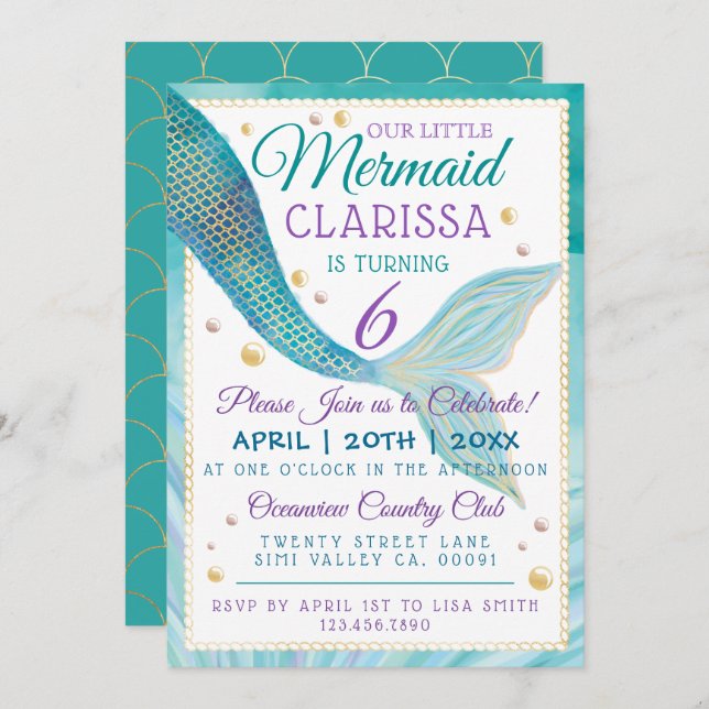 Sob o Convite de aniversário de sereia (Frente/Verso)