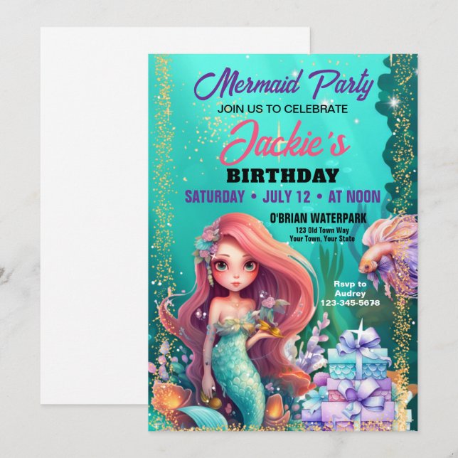 Sob o Convite de aniversário de sereia (Frente/Verso)