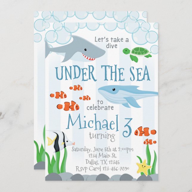 Sob o convite de aniversário do animal de mar (Frente/Verso)