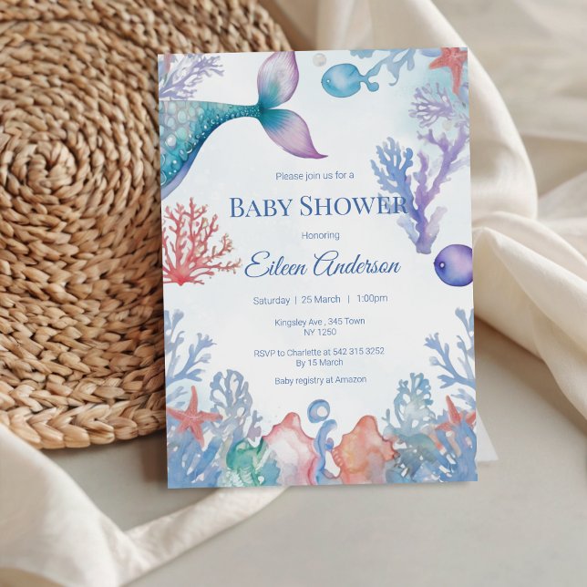 Sob o convite para Chás de fraldas de Sereia (Under the Sea Mermaid Baby Shower Invitation)