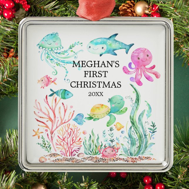 Sob o Mar Bebê Primeiro Ornamento de Natal (Criador carregado)