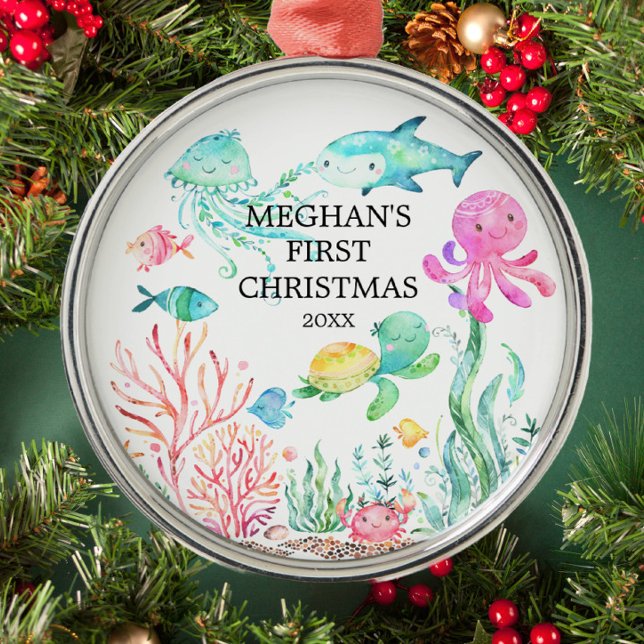 Sob o Mar Bebê Primeiro Ornamento de Natal (Criador carregado)