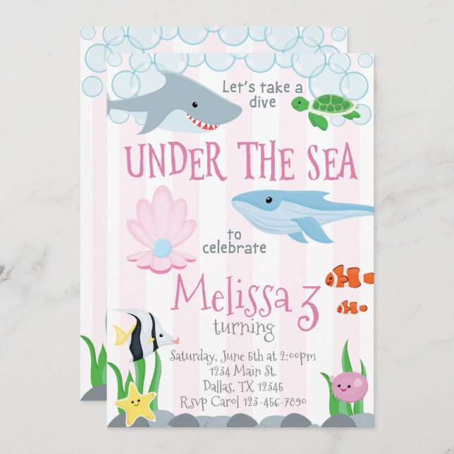 Sob o Mar Convite de aniversário (Frente/Verso)