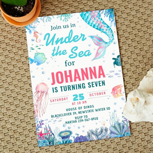 Sob o mar Convite de aniversário de Sereia (Under the sea Mermaid Birthday Party Invitation)