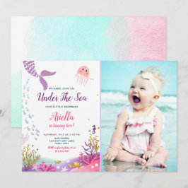 Sob o Mar de Mermaid Birthday - Convite Roxo