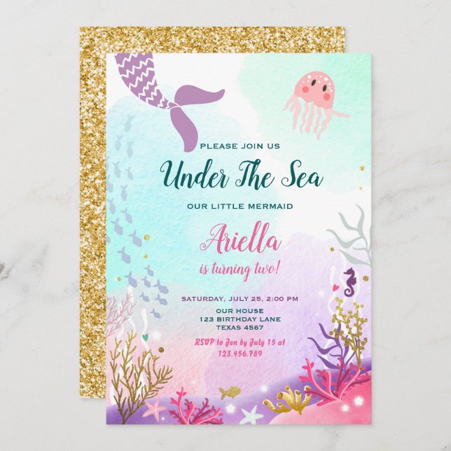 Sob o Mar de Mermaid Birthday - Convite Roxo (Frente/Verso)