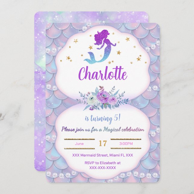 Sob o mar Sereia Convite (Frente/Verso)