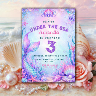 Sob o Mar | sereia pastel Convite de 3º aniversári