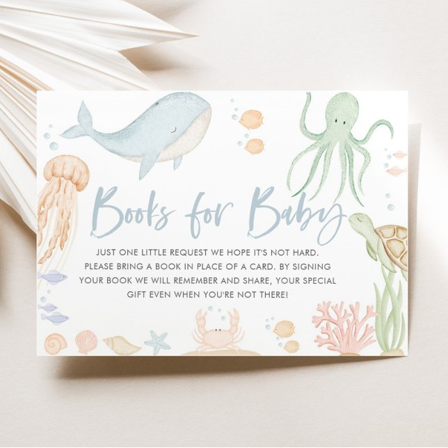 Sob Os Livros De Chá de fraldas Do Mar Para Cartão (Under The Sea Baby Shower | Books For Baby Enclosure Card)