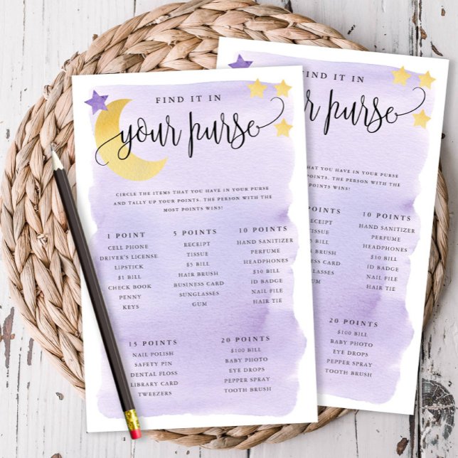 Sobre Cartões De Papel Para Caça Com Retenção De L (Over the Moon Themed-Purple, What's in Your Purse Game Cards)