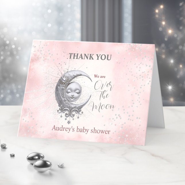 Sobre O Cartões de agradecimentos Da Garota Rosa-L (Over The Moon Pink Girl Baby Shower Thank You Card)