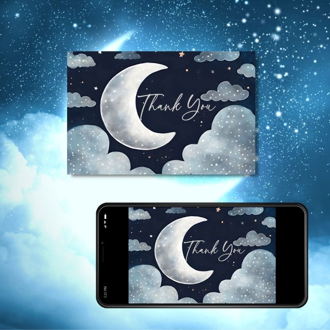 Sobre o cartões de agradecimentos do chá de fralda (Over the moon stars galaxy baby shower template  thank you card digital download silver moon clouds)