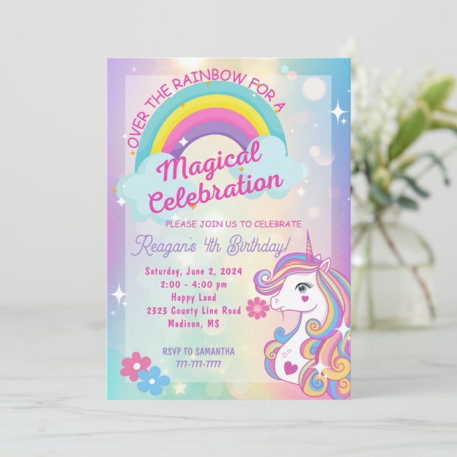 Sobre o Convite de Aniversário do Rainbow Unicorn (Em pé/Frente)