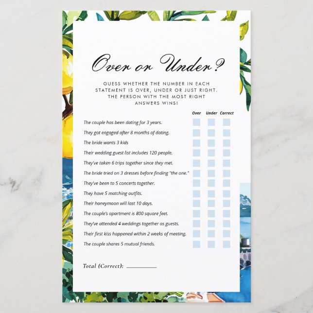 Sobre ou Sob o jogo de Chá de panela de Limão Amal (Frente)