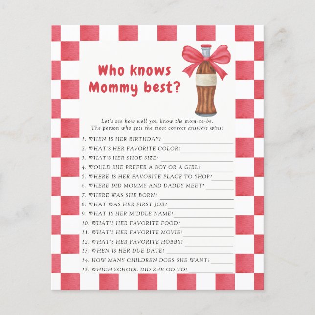 Soda Bottle baby shower Who knows mommy best game (Frente)