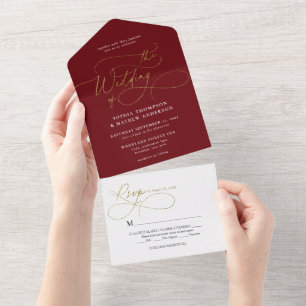 Sofisticada Caligrafia Casamento Borgonha Dourado