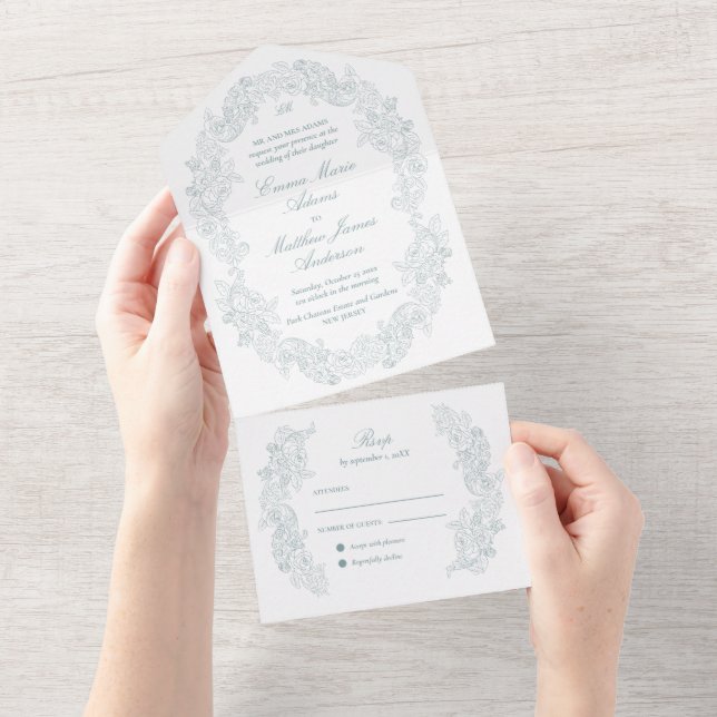 Sofisticado Casamento Clássico Azul Regência Scrip (Aba destacável)