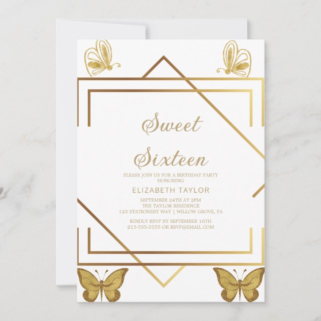 Sofisticado Convite Sweet Sixteen com Caligrafia e (Frente)