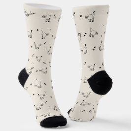 Soft Beige Cat Line Art Pattern Socks