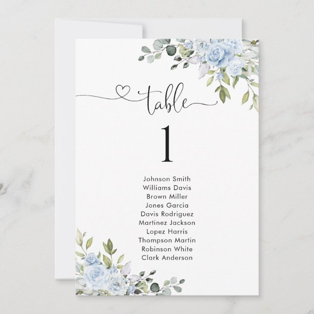 Soft Blue Botanical Table Number Seating Chart (Frente)