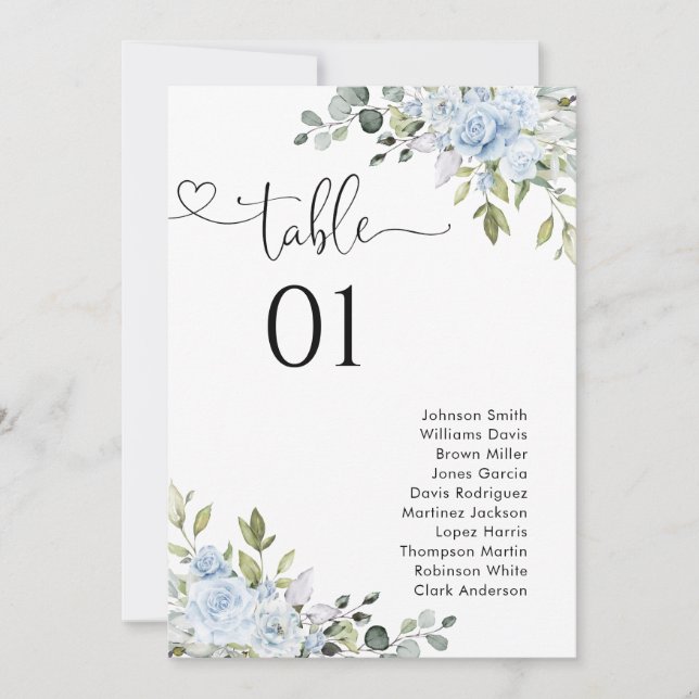 Soft Blue Botanical Table Number Seating Chart (Frente)
