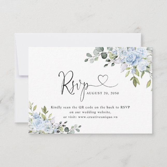 Soft Blue Botanical Wedding Website QR Code RSVP (Frente)