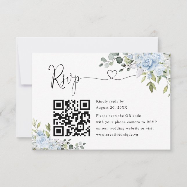 Soft Blue Botanical Wedding Website QR Code RSVP (Frente)