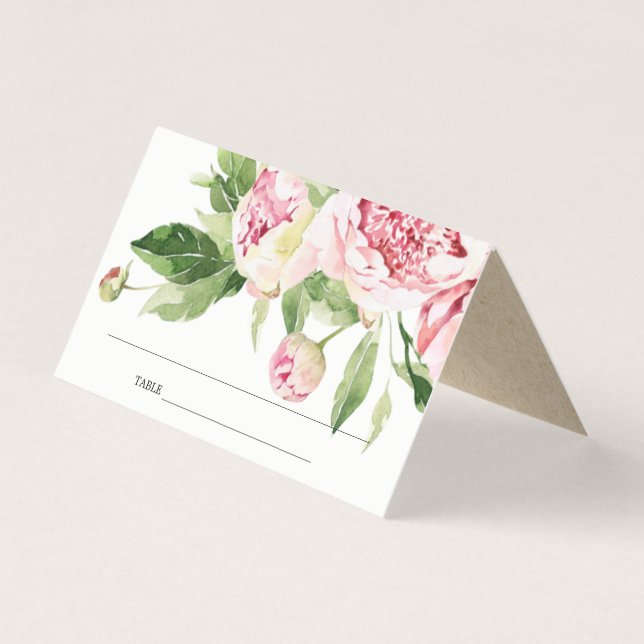 SOFT BLUSH GREEN PEONY FLORAL WEDDING PLACE CARDS (Frente)