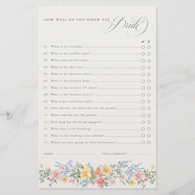 Soft Pastel Ornate Spring chic Bridal Shower Game (Frente)