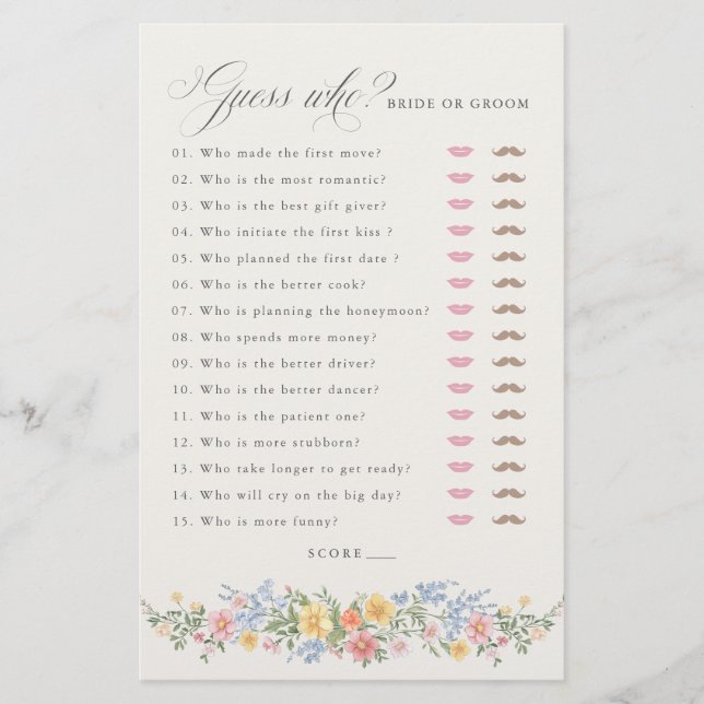Soft Pastel Ornate Spring chic Bridal Shower Game (Frente)