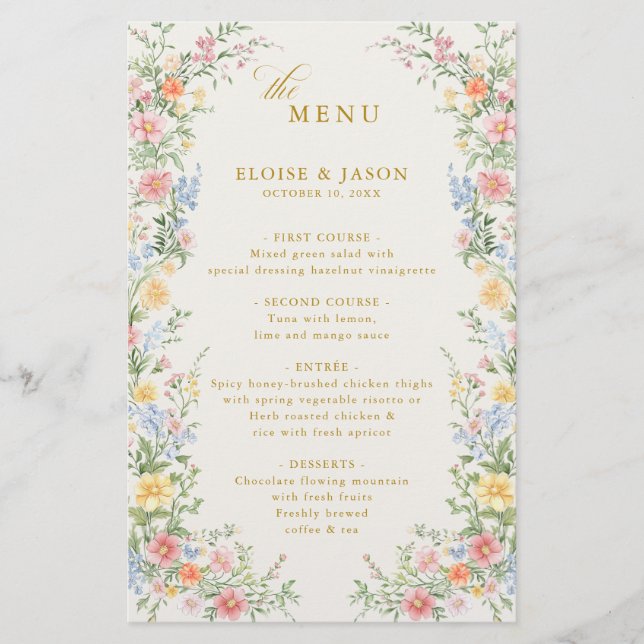 Soft Pastel Ornate Spring Garden Gold Wedding Menu (Frente)