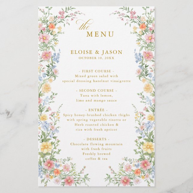 Soft Pastel Ornate Spring Garden Gold Wedding Menu (Frente)