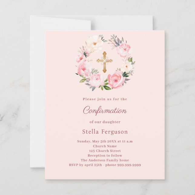 Soft pink blush florals Confirmation invitation (Frente)