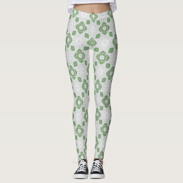 Soft Sage Green Floral Geometric Pattern Leggings (Frente)