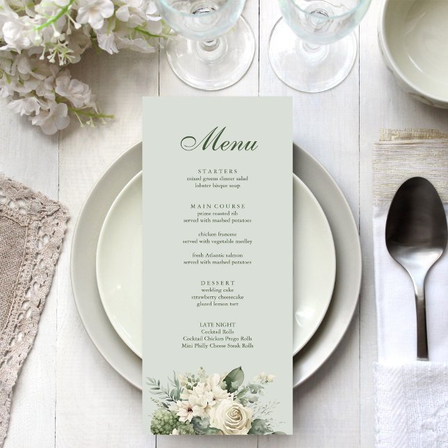 Soft Sage Green Floral Wedding Menu (Soft Sage Green Floral Wedding Menu on an elegant wedding table)