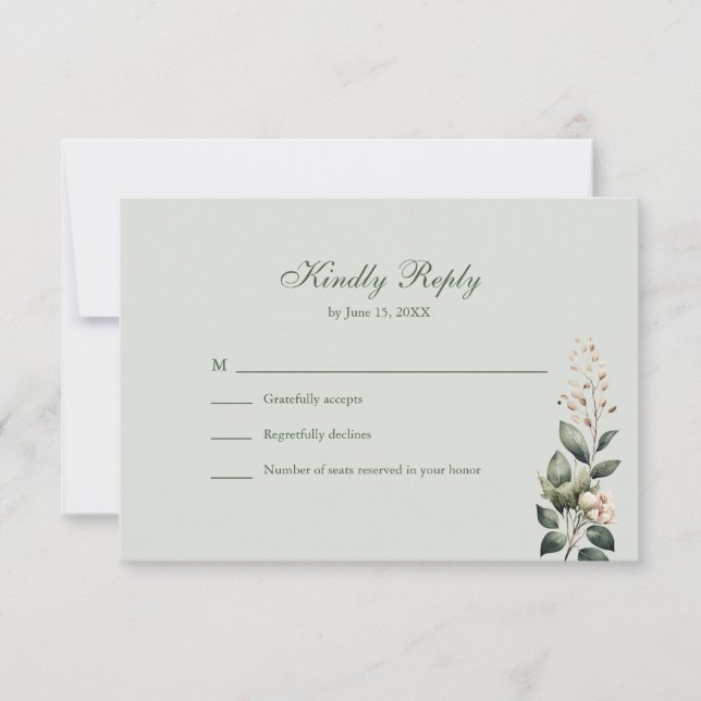 Soft Sage Green Floral Wedding RSVP Card (Frente)