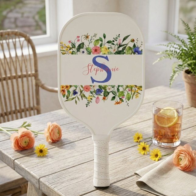 Soft Watercolor Wildflowers – Feminine Pickleball  (Floral monogram pickleball paddle)