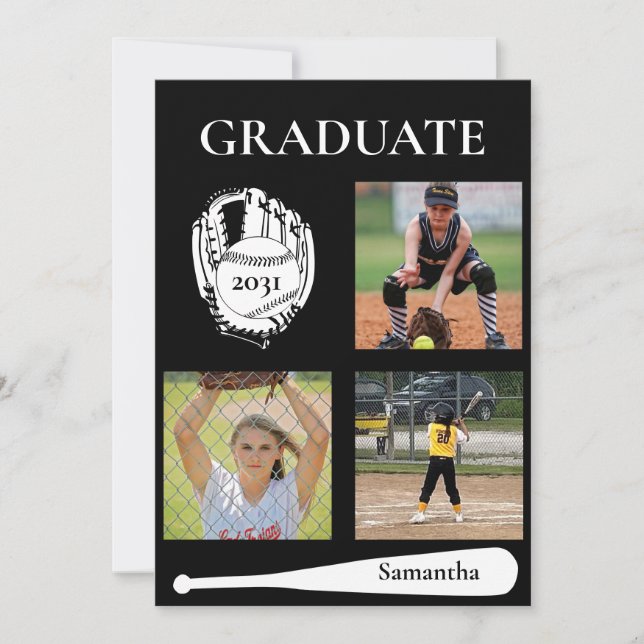 Softball 3 Photo Black Graduation Flat Card (Frente)