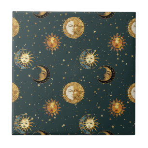 Sol Dourado Celestial Lua Estrelas Azul Meia-Noite