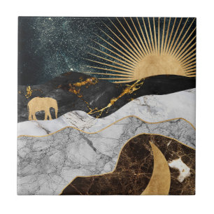 Sol Dourado e Lua com Elefante em Mármore Cósmico