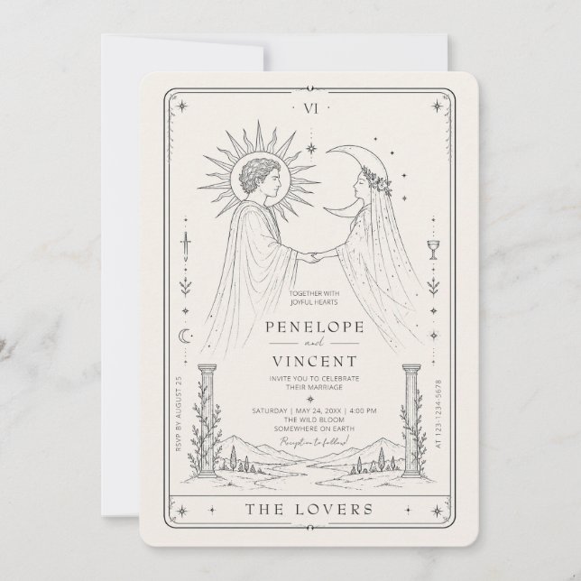 Sol e Lua | Convite de Casamento Tarot em Arte Lin (Frente)
