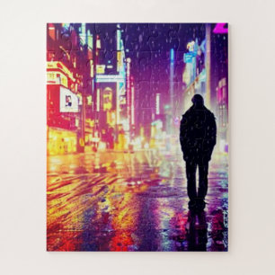 Solitário Cyberpunk No Quebra-cabeça Da Chuva