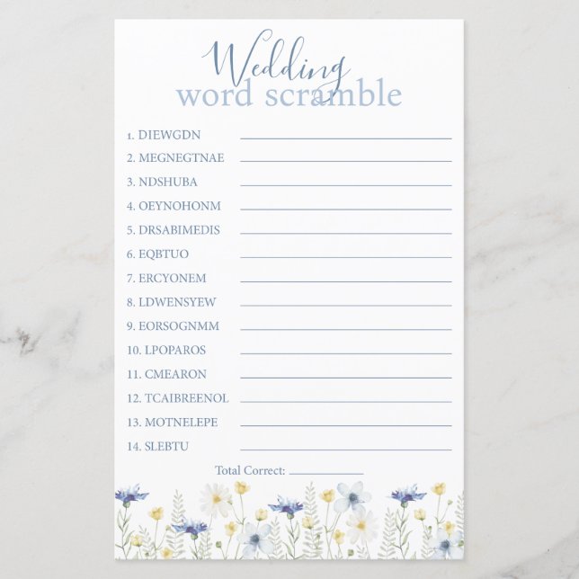 Something Blue Wedding Word Scramble (Frente)