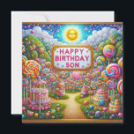 SON ~ Parabéns ~ Terra Candy ~<br><div class="desc">Uma cena de Candy Land,  celebrando o aniversário de um filho. As saudações no cartão são "Feliz Aniversário Filho". Na parte traseira da placa está uma pequena versão da imagem frontal e muito espaço para escrever uma mensagem. Feito com o auxílio do AI Bing.</div>