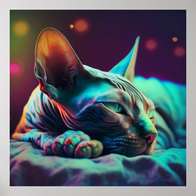 Sonhando com Sphynx cat, neon colore Poster (Frente)