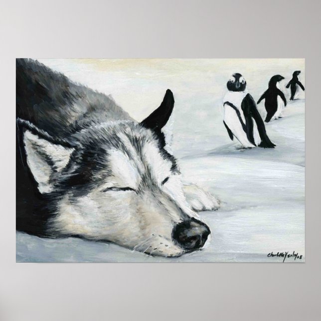 "Sonho de Penquin do Siberian Huskey" - Poster de  (Frente)