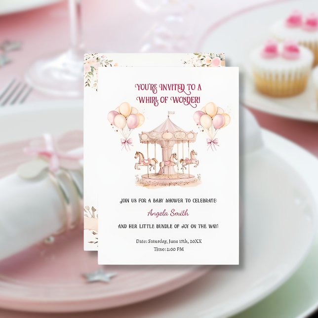 Sonhos Roxos - Convite Para Bebês Minimalista (minimalist-baby-girl-shower-pink-horse-carousel)