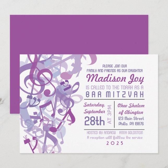 SONS DO Convite TORAH Purple Bat Mitzvah (Frente/Verso)