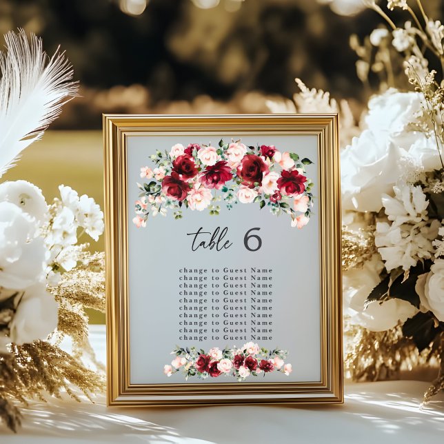 Sophisticated Burgundy Floral Table Number Chart (Criador carregado)
